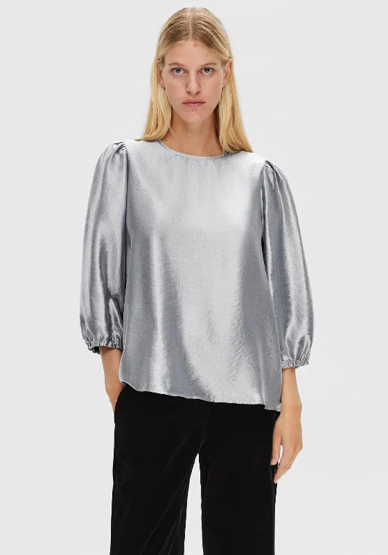 Selected Femme Silva Puff Sleeve Blouse, Silver