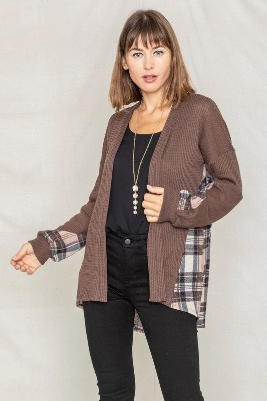 Plaid Back Waffle Knit  Cardigan