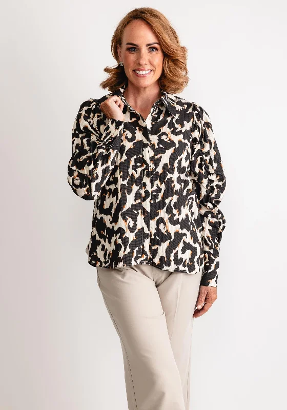 Fransa Jacquard Leopard Long Sleeve Top, Beige