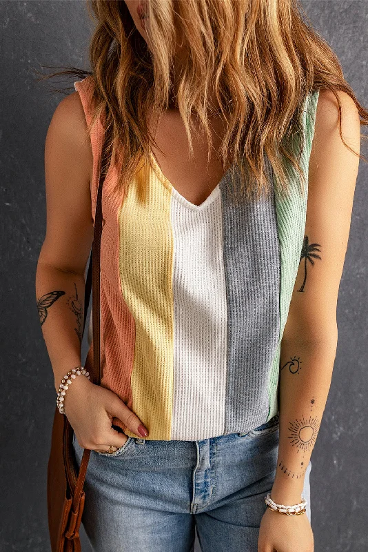 Multicolor Color Block Casual V Neck Waffle Knit Tank Top