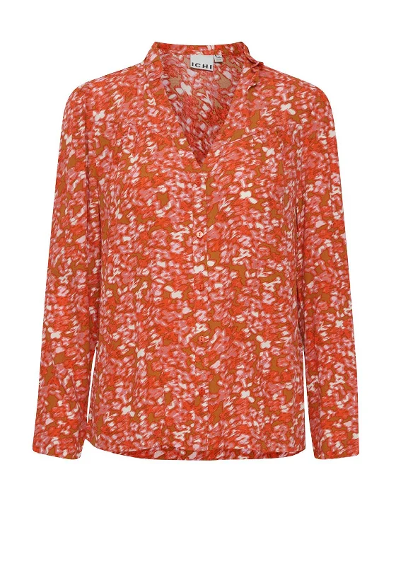 Ichi Frill Collar Abstract Print Shirt, Orange