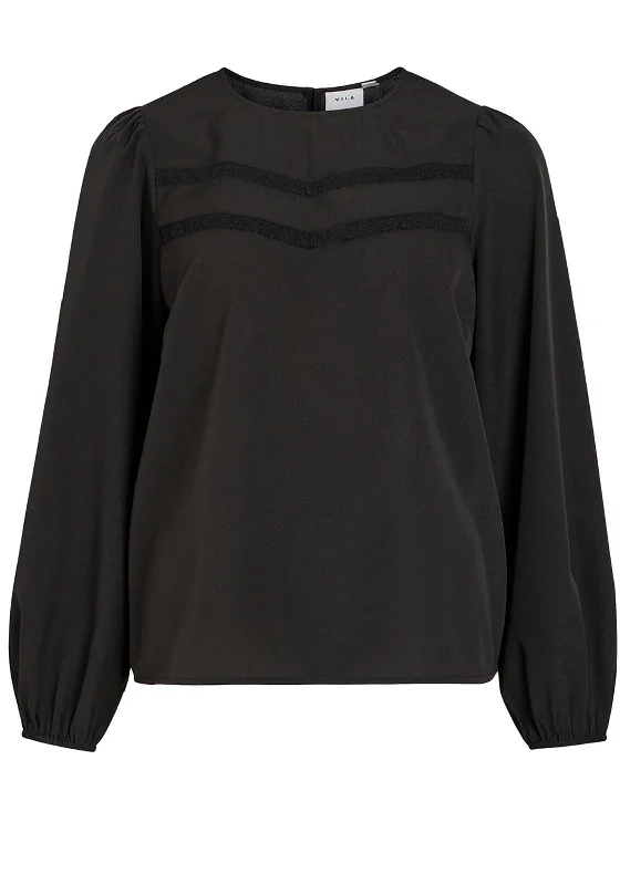 Vila Annua Round Neck Embroidered Detail Blouse, Black