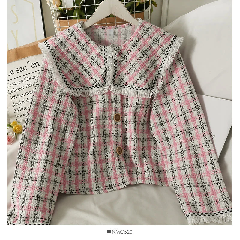 Hong Kong style retro tassels woolen baby collar tweed short shirt style coat women  2119