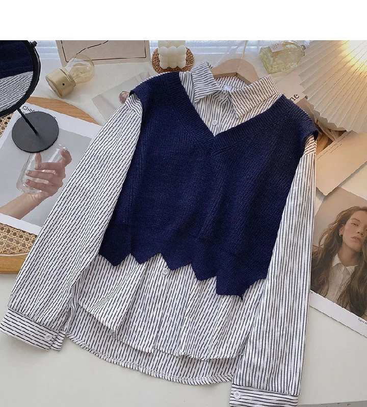 Fashion shirt stitching knitted vest fake two-piece top design  6327