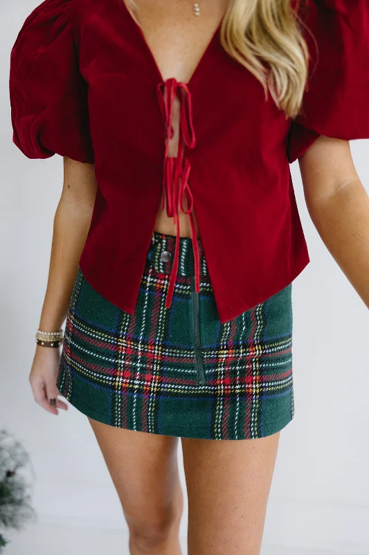 Velvet Bow Tie Top - Red