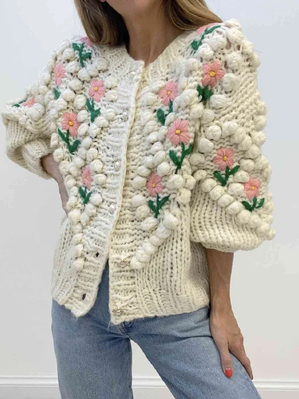 TastyHottie - Floral Button Up Round Neck Long Sleeve Cardigan