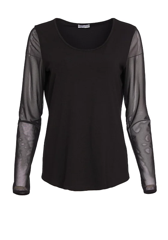 Naya Round Neck Mesh Sleeve Top, Black