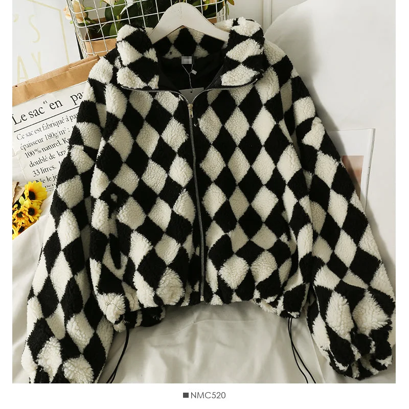 Diamond Plaid high neck bubble sleeve thickened jacket female drawstring lamb wool  2118