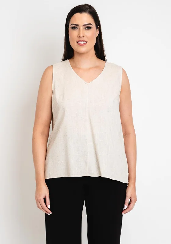 Simple Wish Curve Juna V Neck Linen Top, Beige