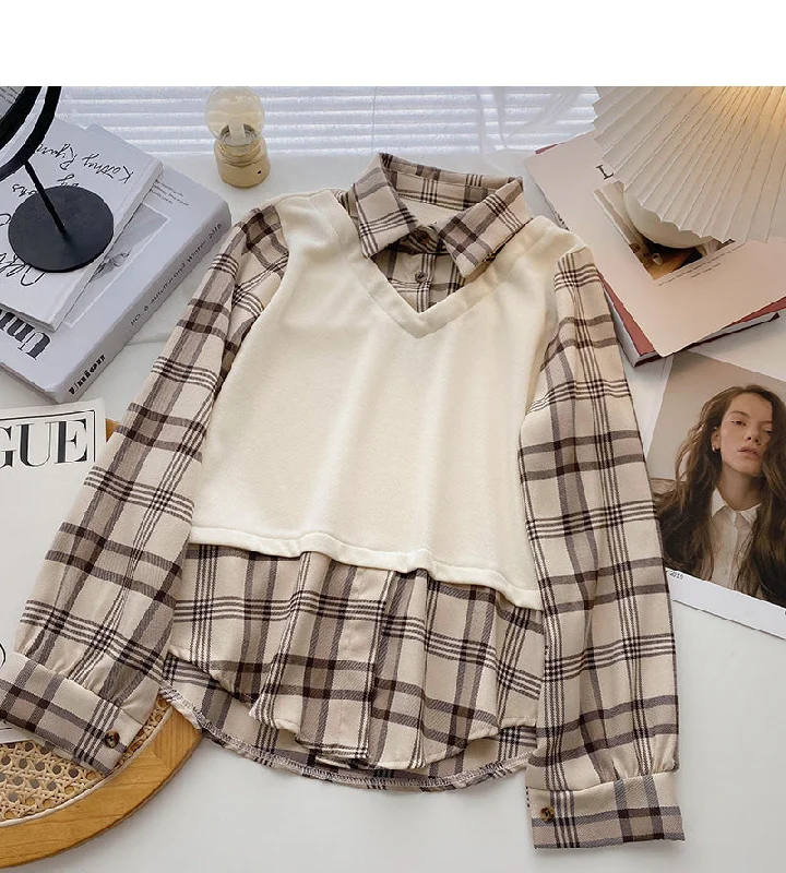 Hong Kong style leisure Plaid long sleeve top  6337