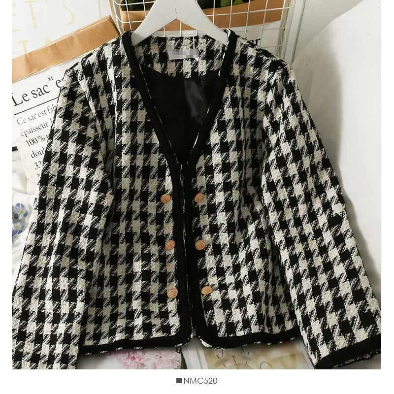 Thousand bird lattice loose small coat women's autumn long sleeve versatile top  2105