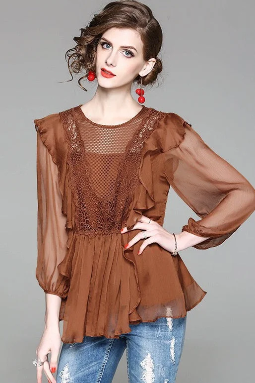 Chiffon Top W/ Lace and Ruffle Detail