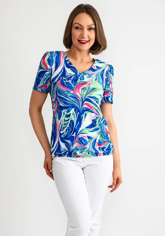 Leon Collection Marbleised Print Top, Blue Multi