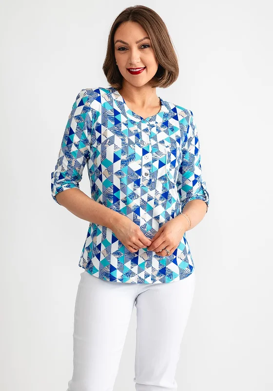 Leon Collection Leaf Print Button Neck Top, Blue Multi