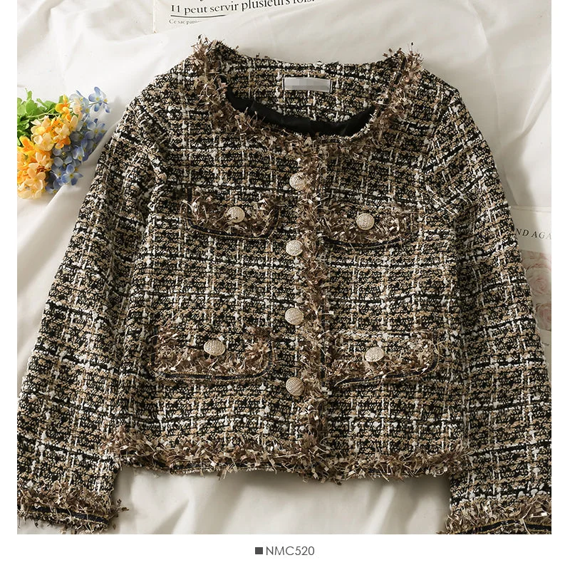 New coat round neck single breasted design Korean versatile Vintage Plaid knitted cardigan tassel  2090