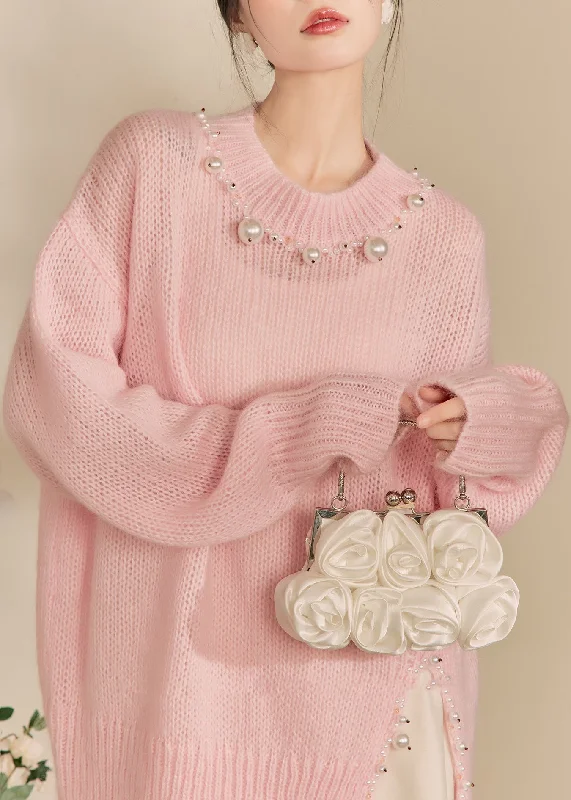 Take Advantage Cute Pink O-Neck Nail Bead Thick Cotton Knit Sweaters Winter