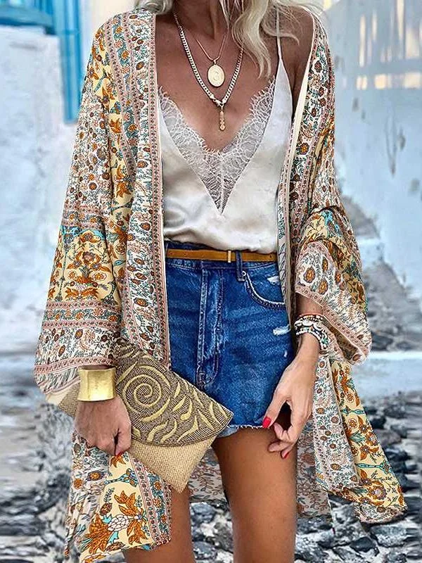 JuliaFashion - 2024 Women Cardigan Open Front Bohemian Floral Printed Blouse