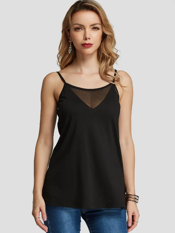 Custom V-Neck Plain Spaghetti Strap See Through Sleeveless Black Tank Top