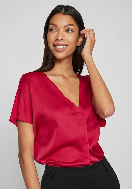 Vila Ellette V-Neck Satin Top, Cerise