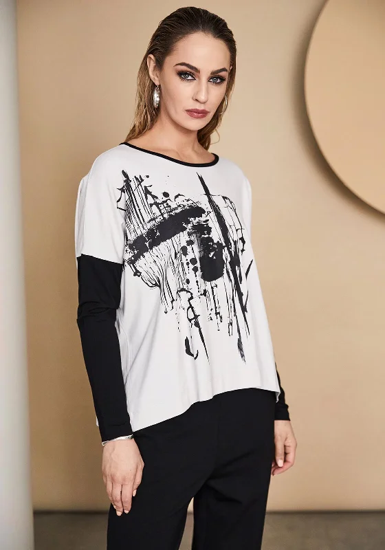 Naya Contrast Sleeve Print Top, White & Black