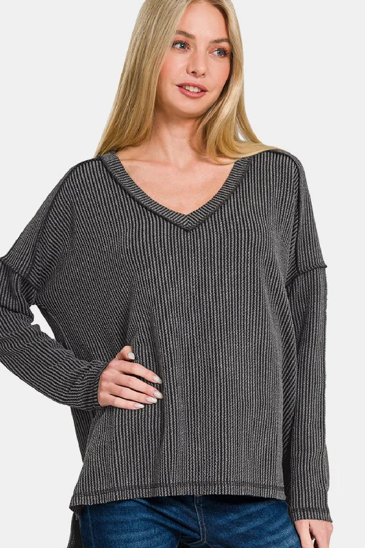 Zenana Texture Exposed Seam V-Neck Long Sleeve T-Shirt