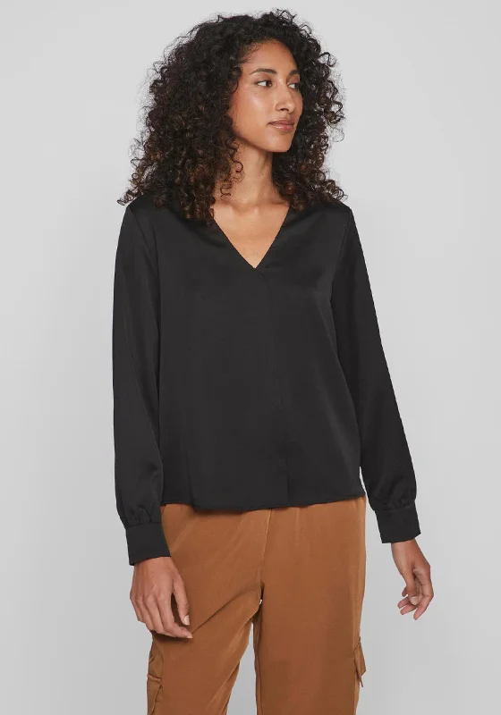 Vila Ellette V-Neck Satin Blouse, Black