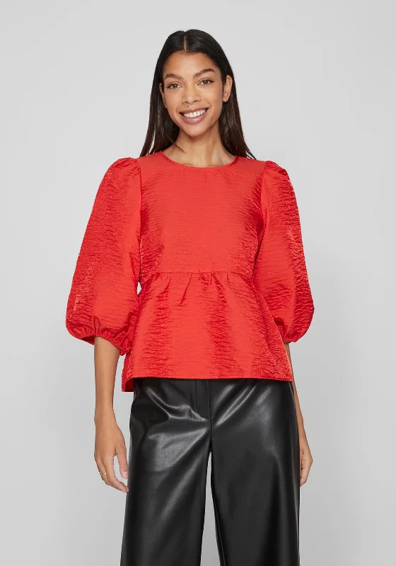 Vila Belle Balloon Sleeve Blouse, Medium Red