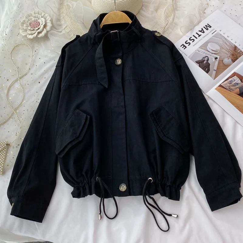 Drawstring long sleeve short coat women's Casual Jacket Top  1688