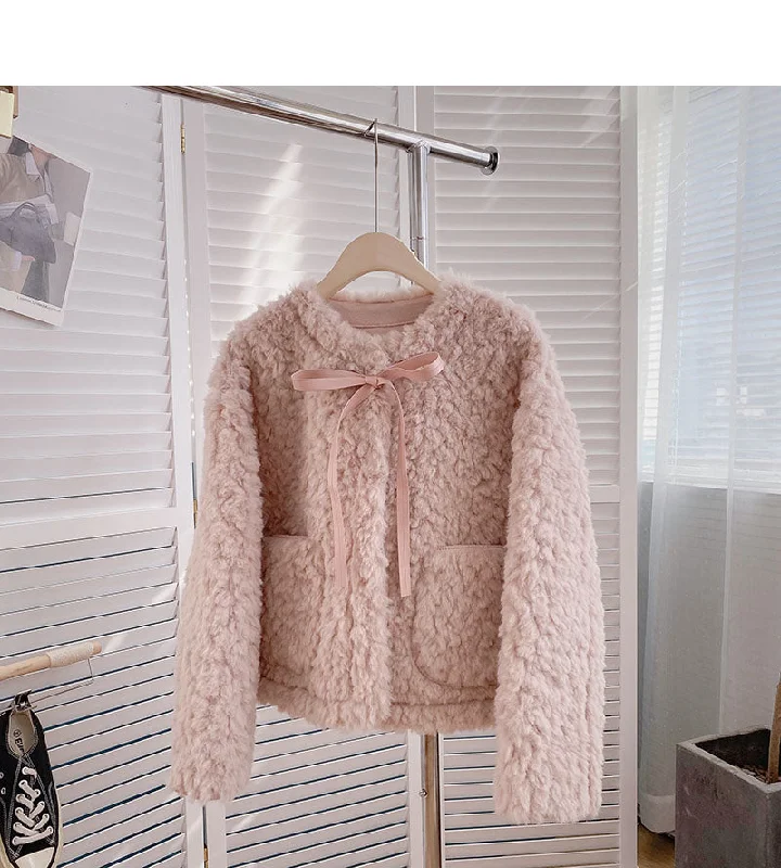 Lamb down coat aging loose tie long sleeve top  6225