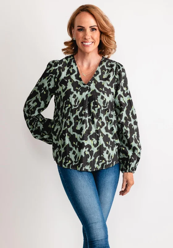 Fransa Jacquard Leopard V Neck Top, Green