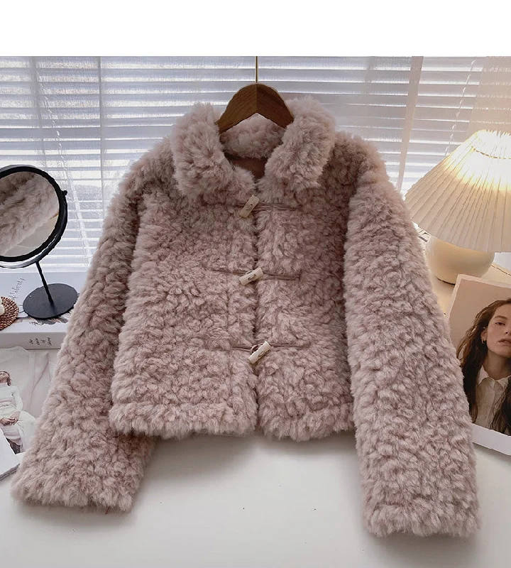 Sweet aging Plush ox horn button loose long sleeve coat  6222