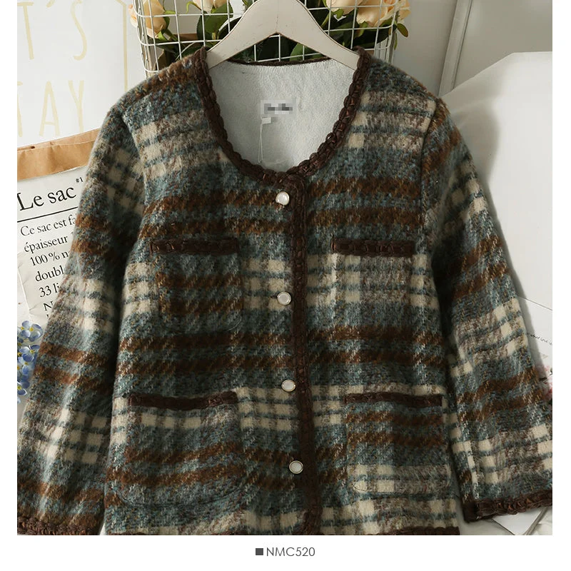 Hong Kong Style Vintage Plaid single breasted cardigan woolen jacket female  2124