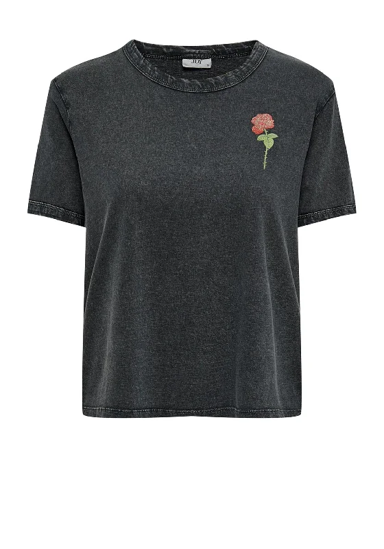 JDY Elina Sparkly Rose Print Tee, Black