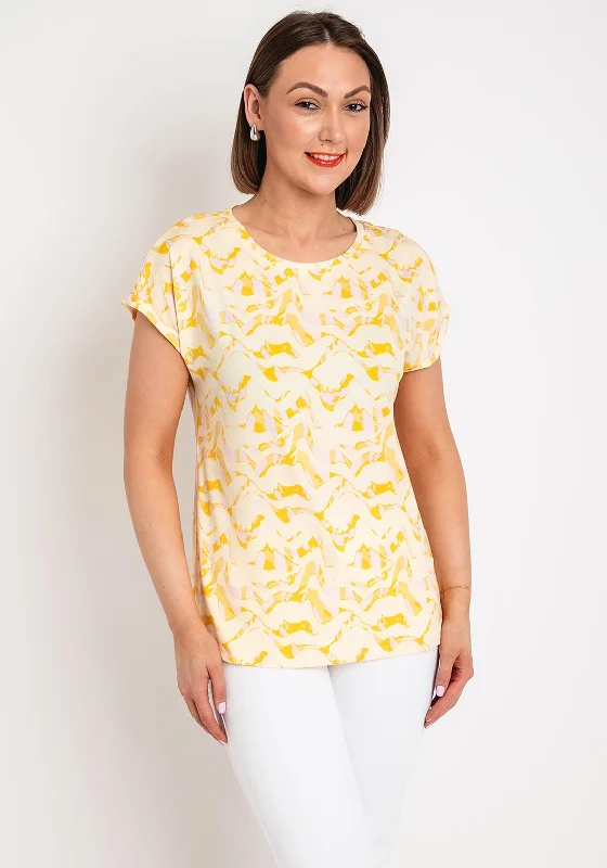 Fransa Seen Wave Print Round Neck T-Shirt, Yellow & Pink