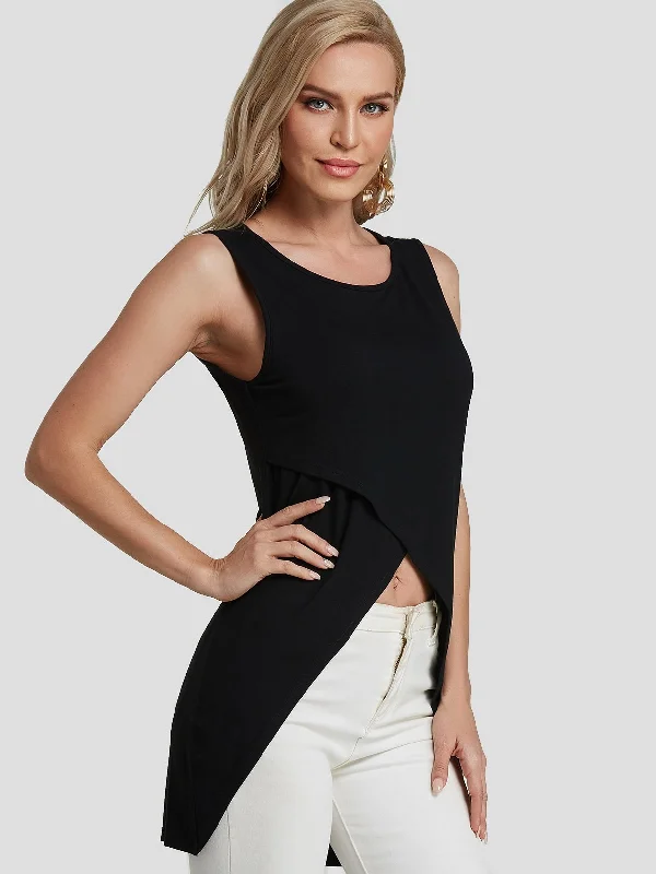 Wholesale Round Neck Plain Crossed Front Sleeveless Black Camis