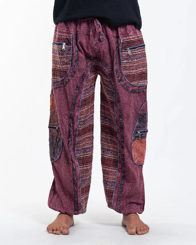 Unisex Patchwork Stone Washed Cargo Cotton Pants in Maroon 06