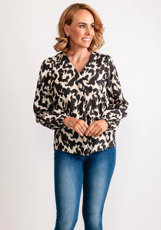 Fransa Jacquard Leopard V Neck Top, Beige