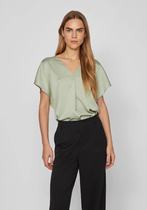 Vila Ellette V-Neck Satin Top, Swamp Green