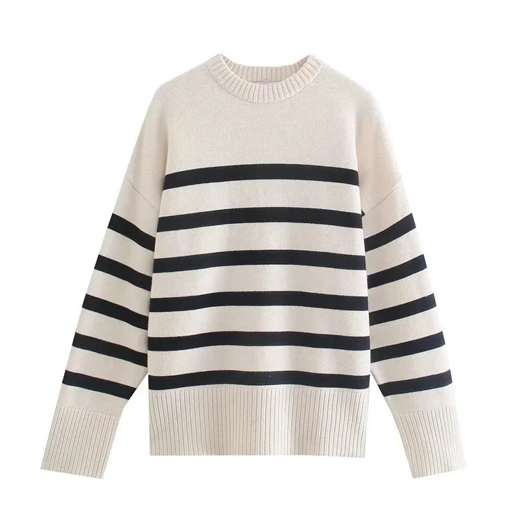 Lazy style loose and versatile casual striped sweater  7478