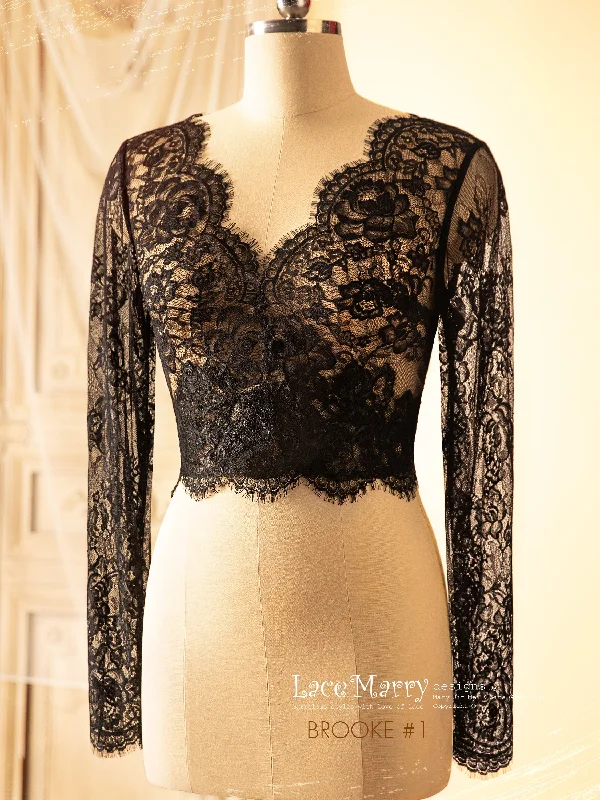 BROOKE #1 / Black Lace Bolero with Long Sleeves and V Neckline