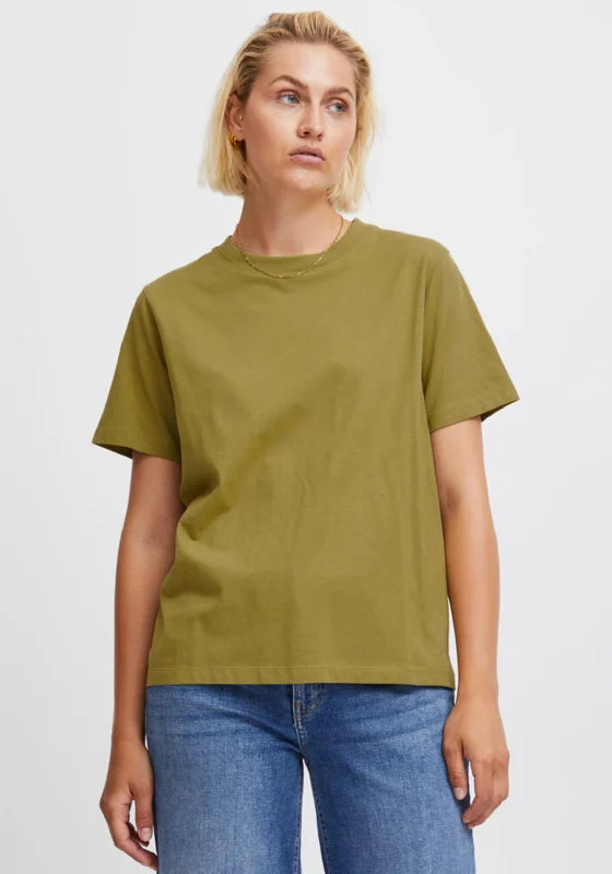 Ichi Crew Neck Relaxed T-Shirt, Green Moss