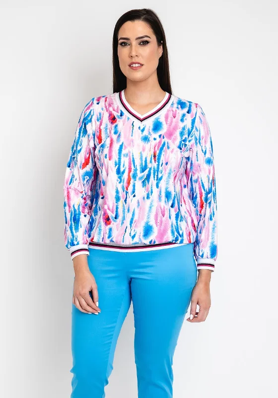 Leon Collection Abstract Print V Neck Top, Pink and Blue