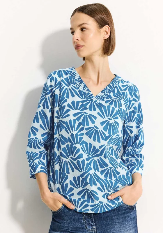 Cecil Printed V Neck Cropped Sleeve Top, Blue