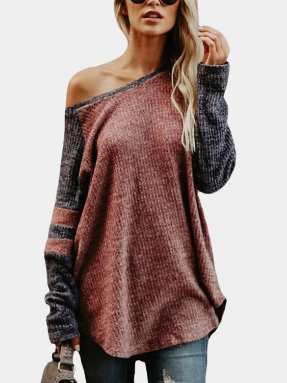 Custom Round Neck One Shoulder Stripe Cable Knit Long Sleeve Curved Hem T-Shirts