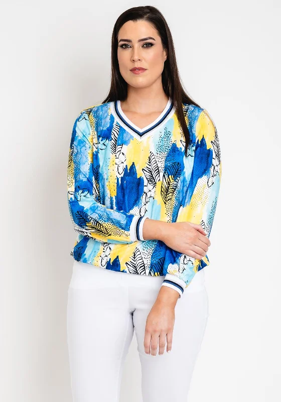 Leon Collection Multi Print V Neck Top, Blue and Yellow