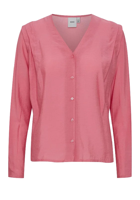 Ichi Button V Neck Top, Candy Pink