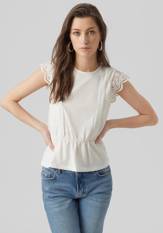 Vero Moda Caia Lace Trim Peplum Top, Snow White