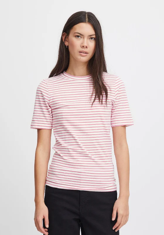 Ichi Mira Striped T-Shirt, Hot Coral