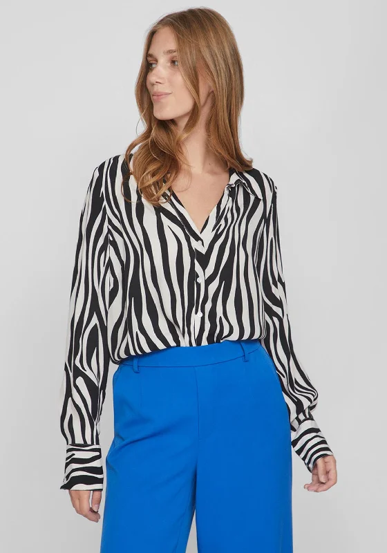 Vila Fini Button Up Zebra Print Shirt, Black & White