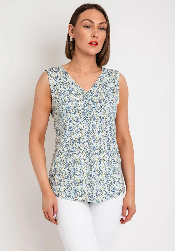 Fransa Seen Mini Floral Print V Neck Sleeveless Top, Blue Multi